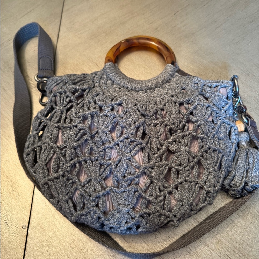 THE SAC Gray Crochet Handbag with Wooden Handle